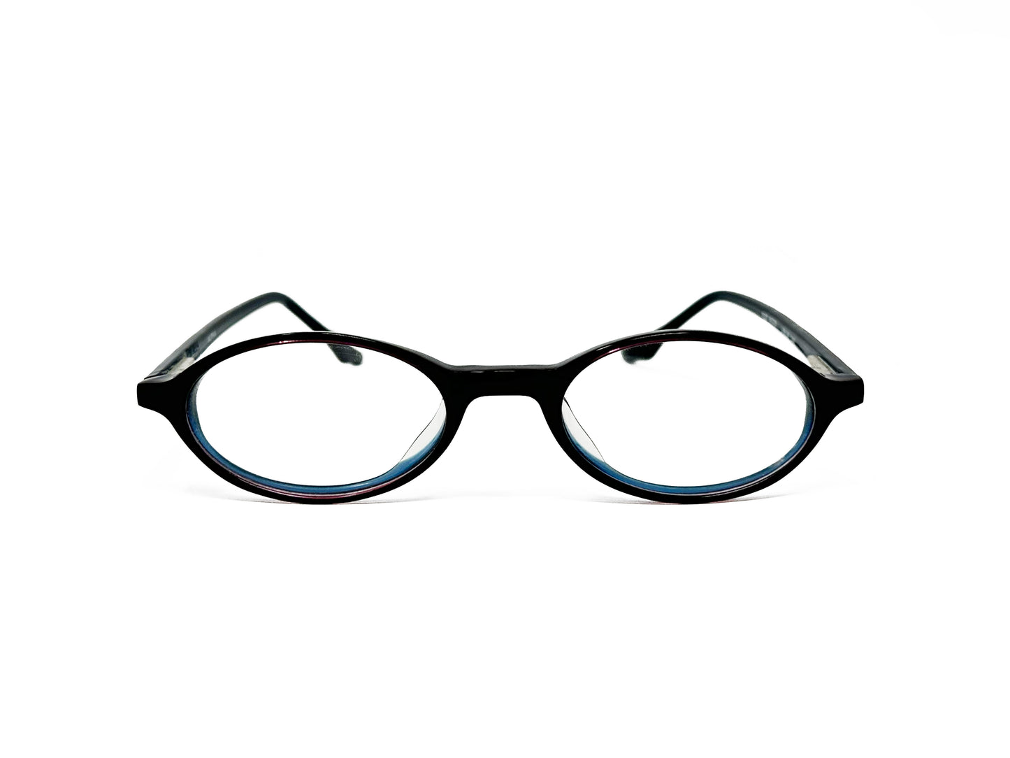 Alpha oval, acetate, optical frame. Model: 0327. Color: L/Blue C67 - Dark brown with blue accents. Front view.