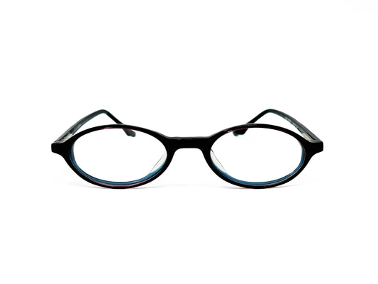 Alpha oval, acetate, optical frame. Model: 0327. Color: L/Blue C67 - Dark brown with blue accents. Front view. 