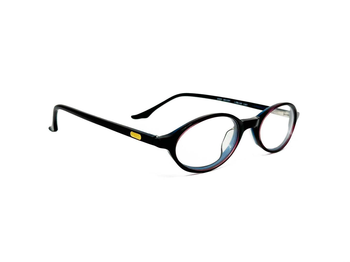 Alpha oval, acetate, optical frame. Model: 0327. Color: L/Blue C67 - Dark brown with blue accents. Side view.
