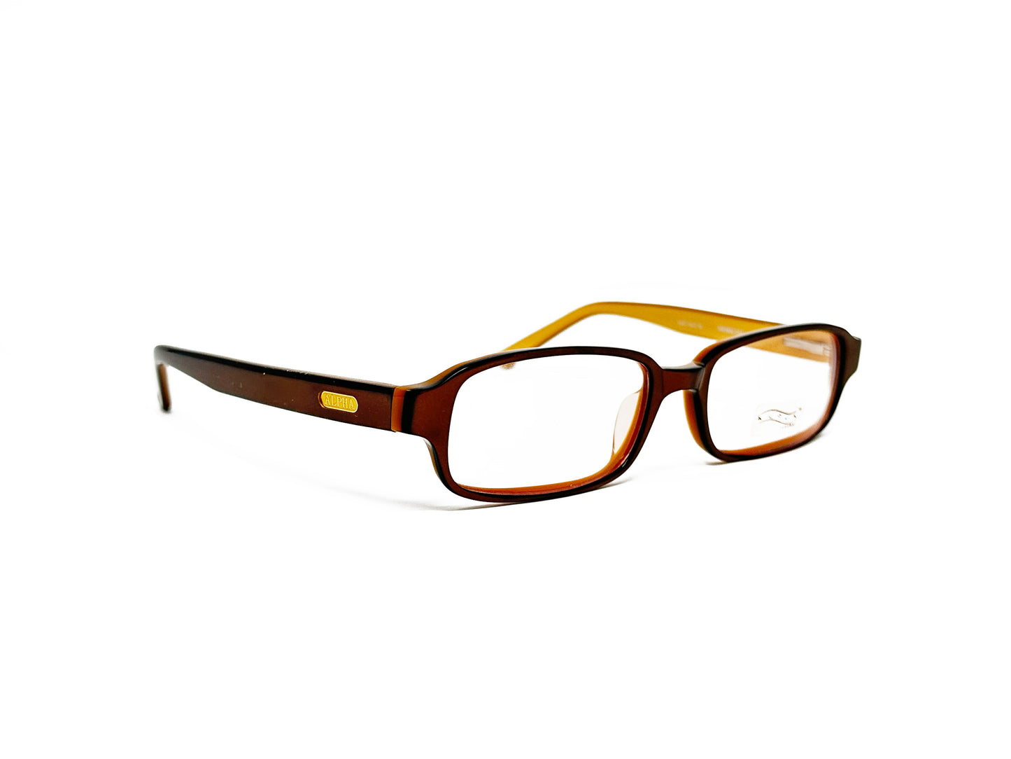 Alpha rounded-rectangular, acetate, optical frame. Model: 0328. Color: Brown C64 - Brown with cream insides. Side view.