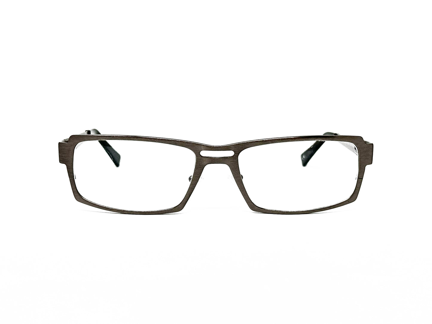 Andy Wolfe rectangular metal optical frame with rounded-rectangular cut out above bridge. Model: 4702. Color: C - Dark silver. Front view. 