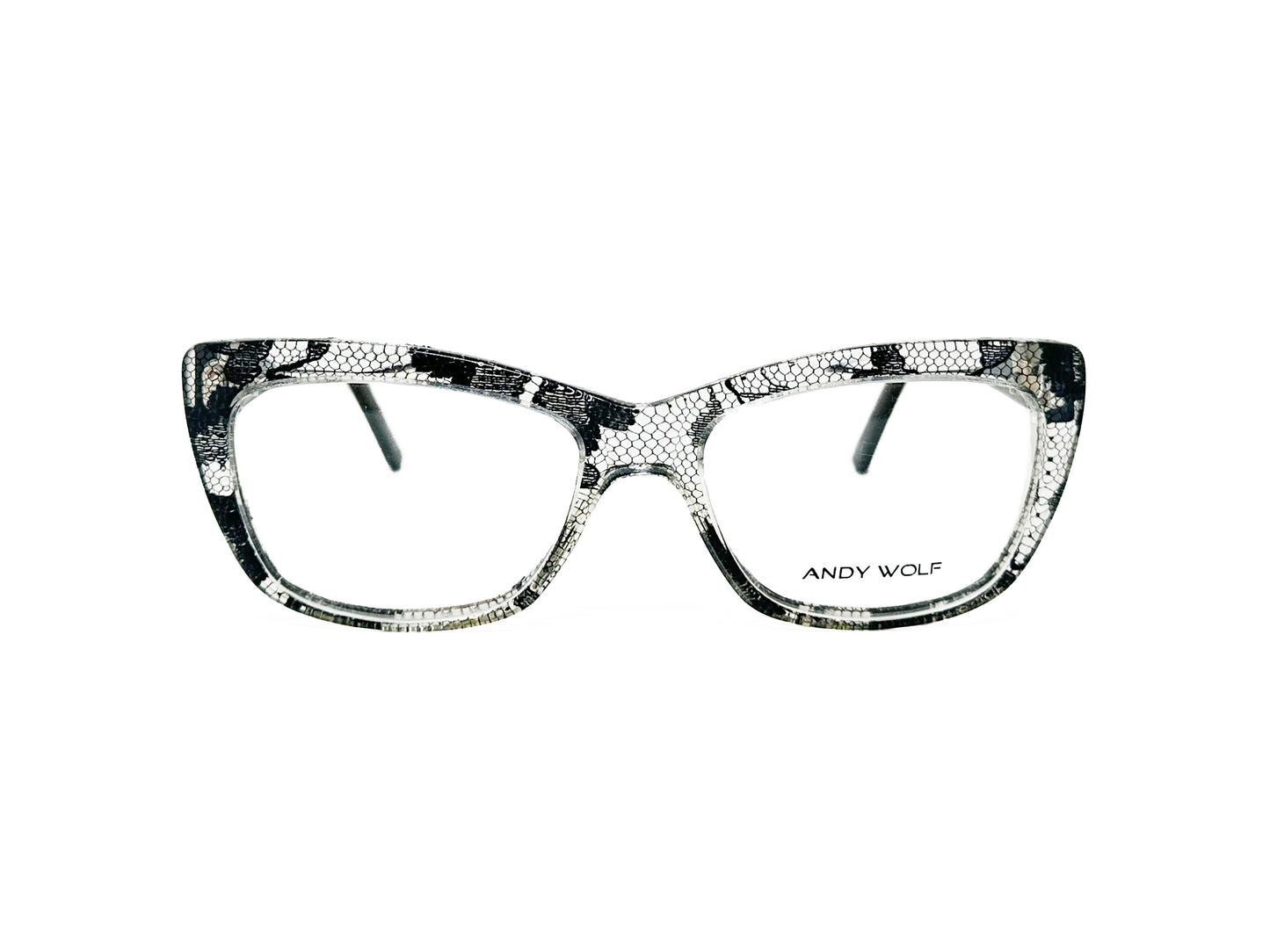 Andy Wolfe acetate, rectangular, cat-eye optical frame. Model: 5017. Color: A - Clear with black snake skin pattern. Front view.