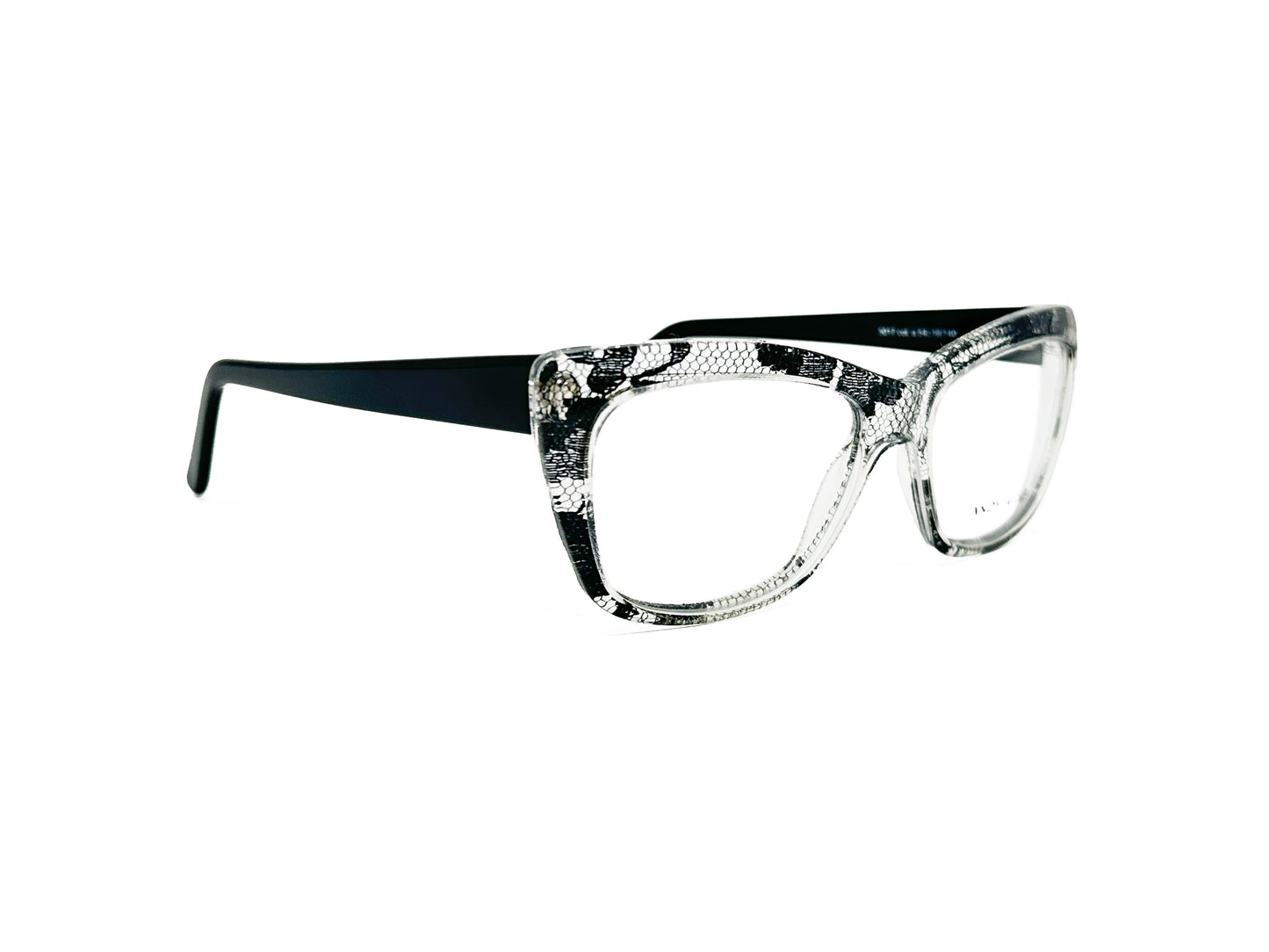 Andy Wolfe acetate, rectangular, cat-eye optical frame. Model: 5017. Color: A - Clear with black snake skin pattern. Side view.