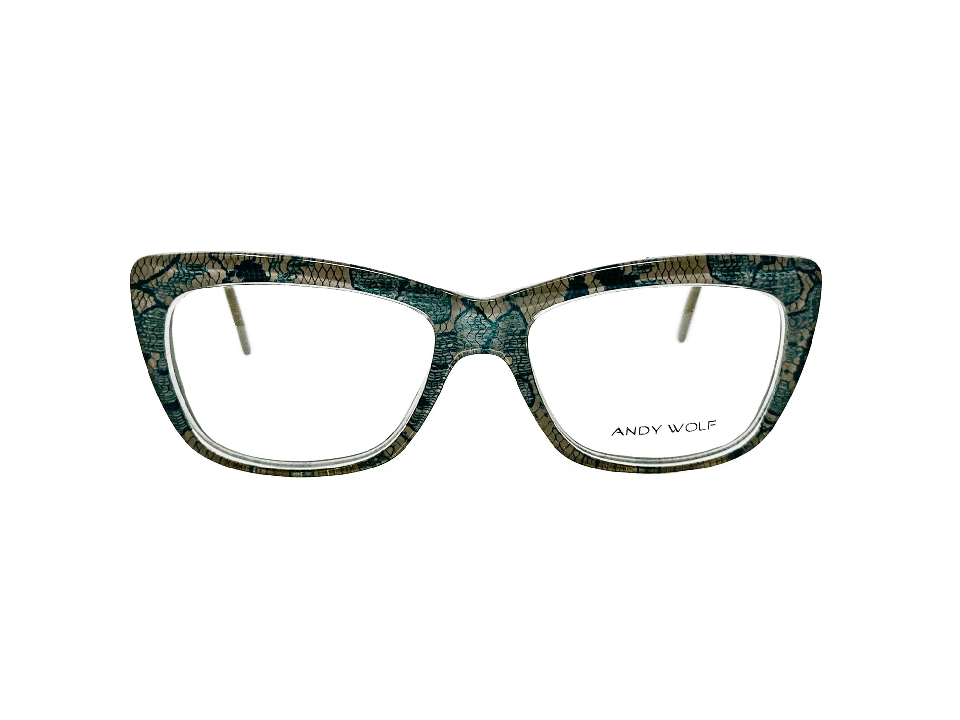 Andy Wolfe acetate, rectangular, cat-eye optical frame. Model: 5017. Color: D- Dark green and olive with black snake skin pattern. Front view.