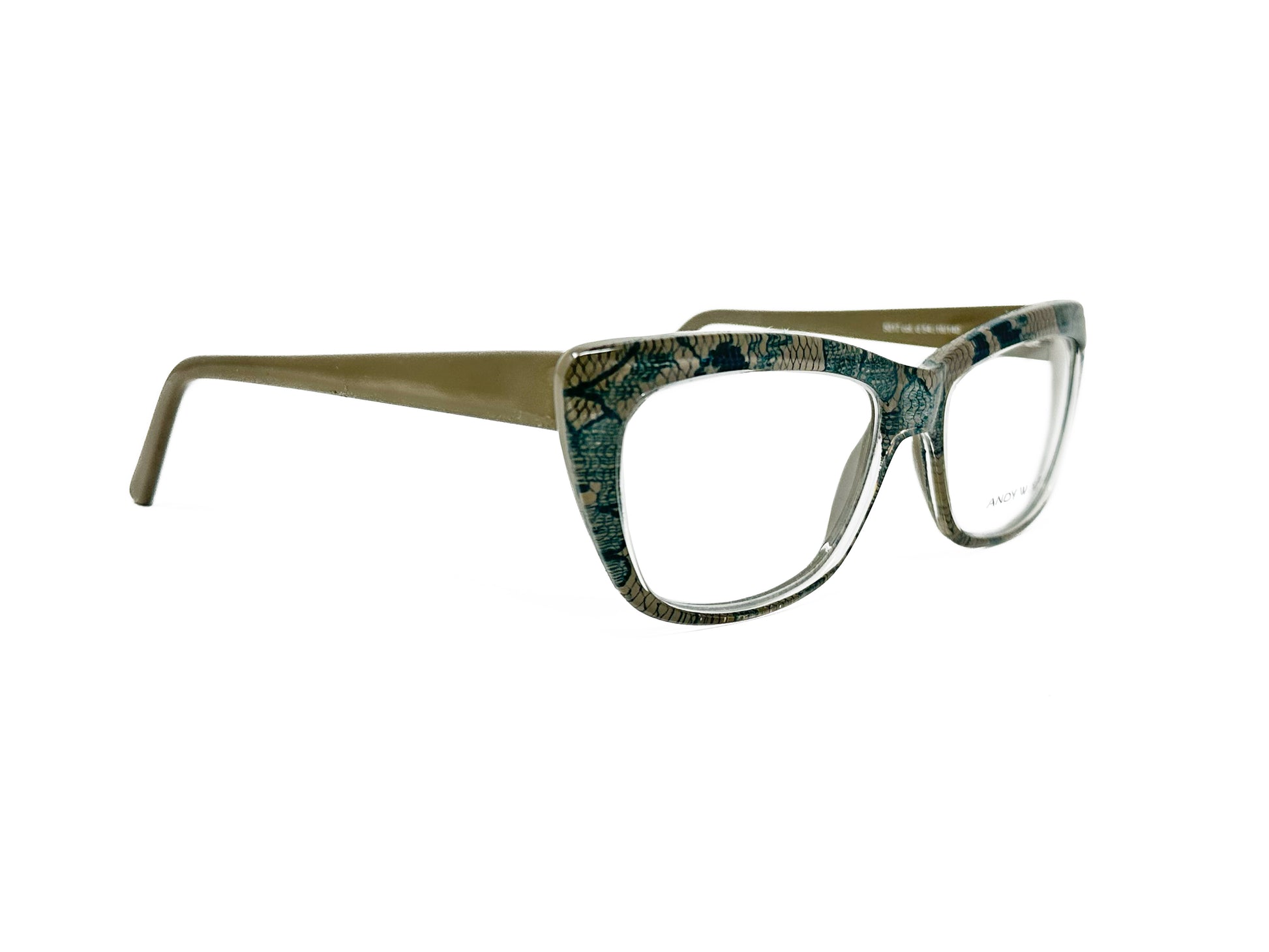Andy Wolfe acetate, rectangular, cat-eye optical frame. Model: 5017. Color: D- Dark green and olive with black snake skin pattern. Side view.