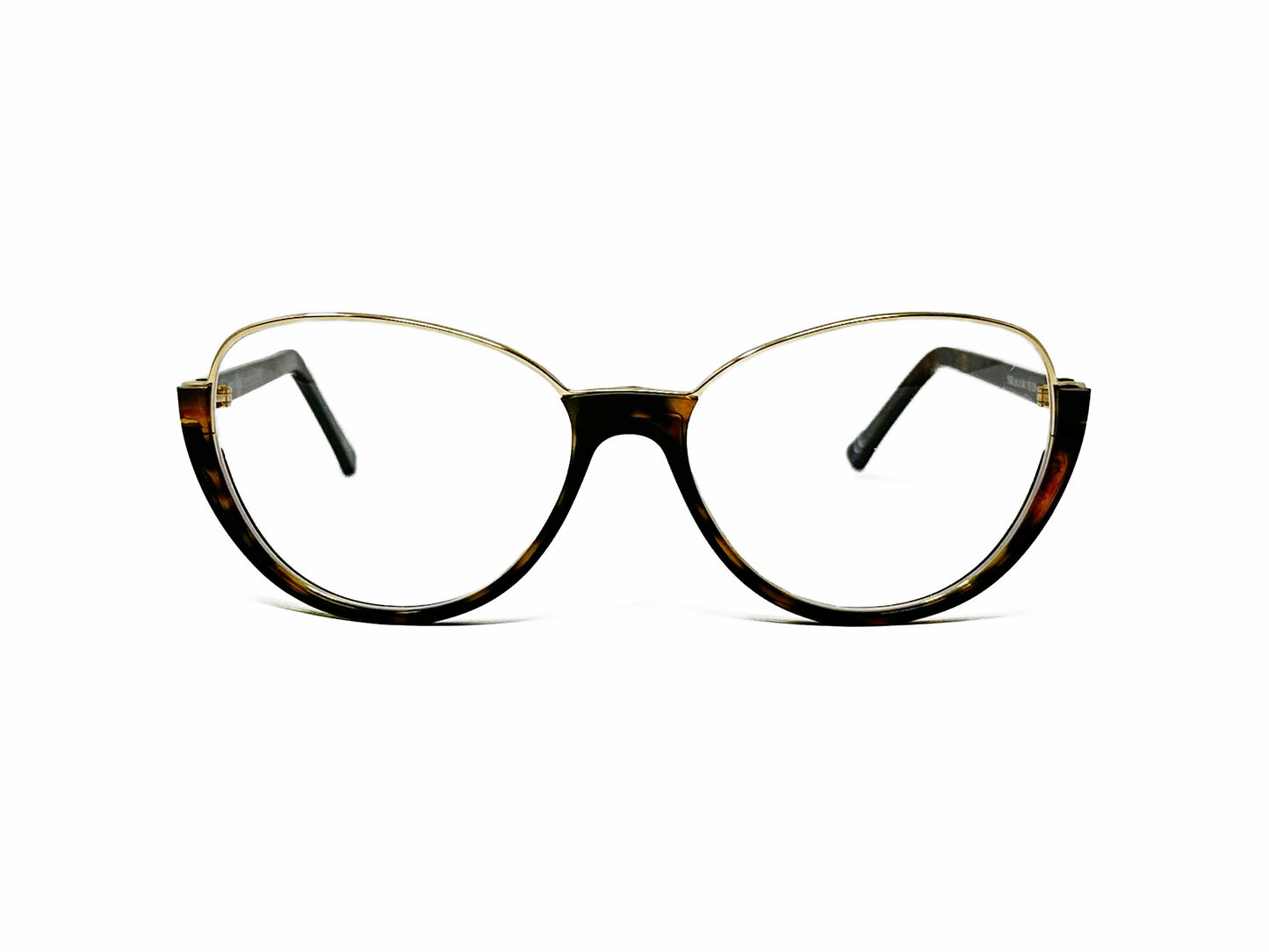 Andy Wolfe half-rim, cat-eye optical frame with metal rim on top. Model: 5042. Color: B - Tortoise and gold metal. Front view.