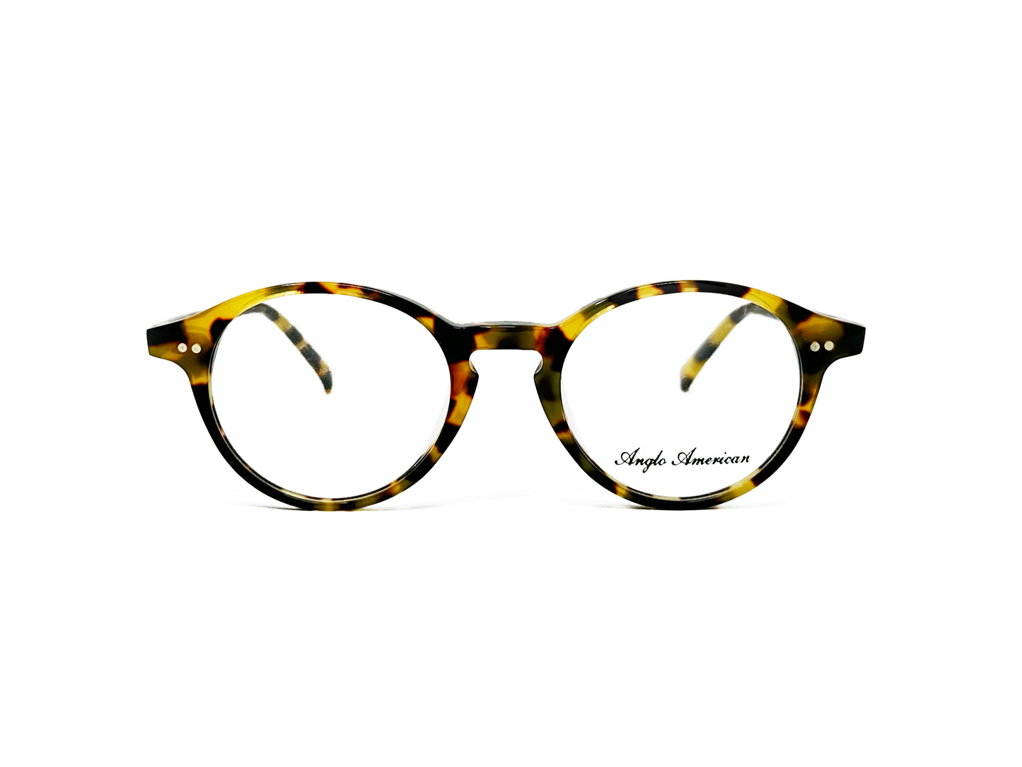 Anglo American Optical round acetate frame. Model: 406. Color: JH - Yellow tortoise. Front view.