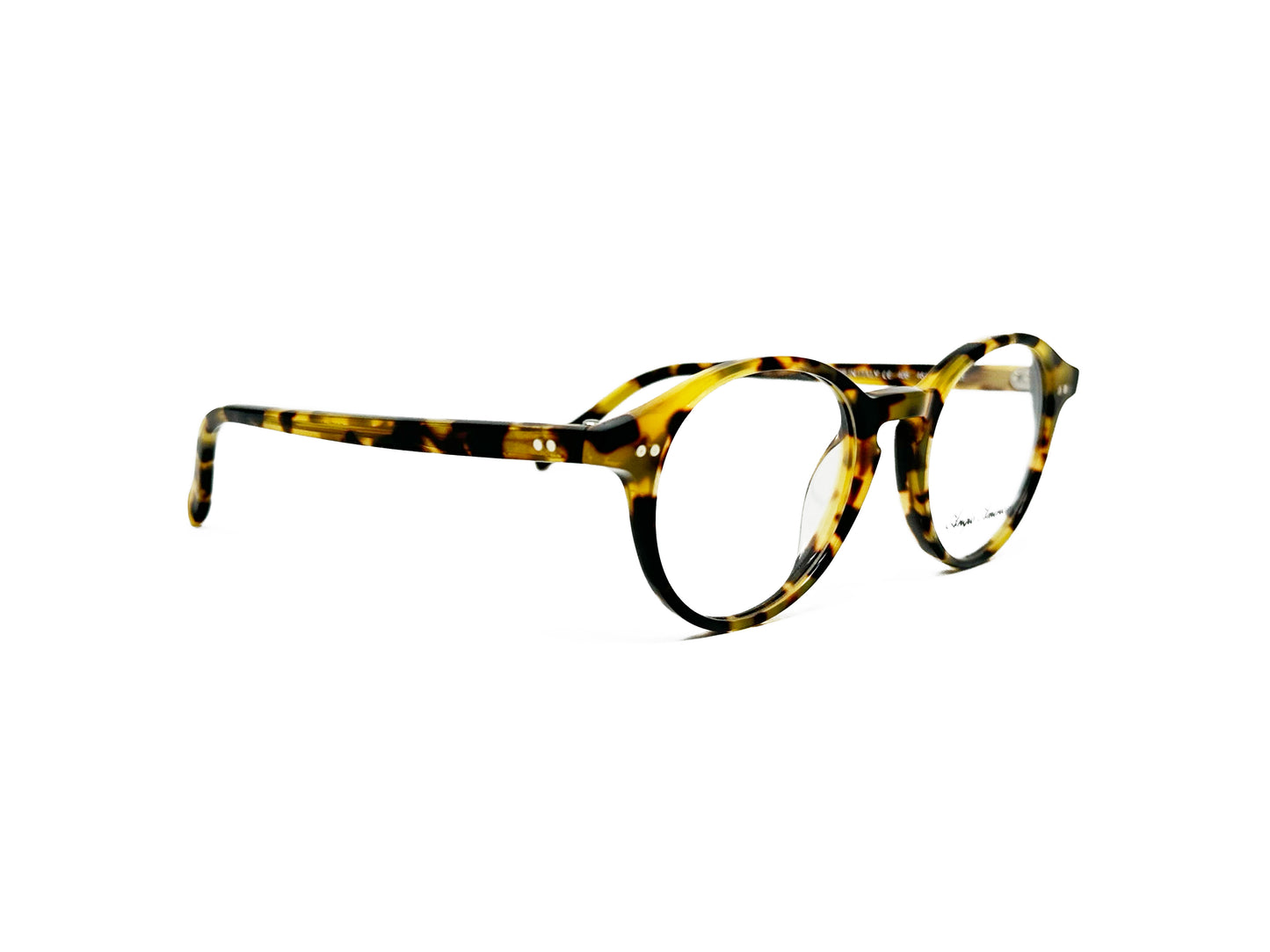 Anglo American Optical round acetate frame. Model: 406. Color: JH - Yellow tortoise. Side view.