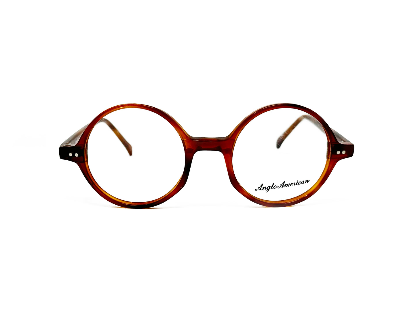 Anglo American Optical round acetate optical frame with angled corners below nose bridge. Model: Angled Round. Color: Tort - Brown tortoise. Front view.