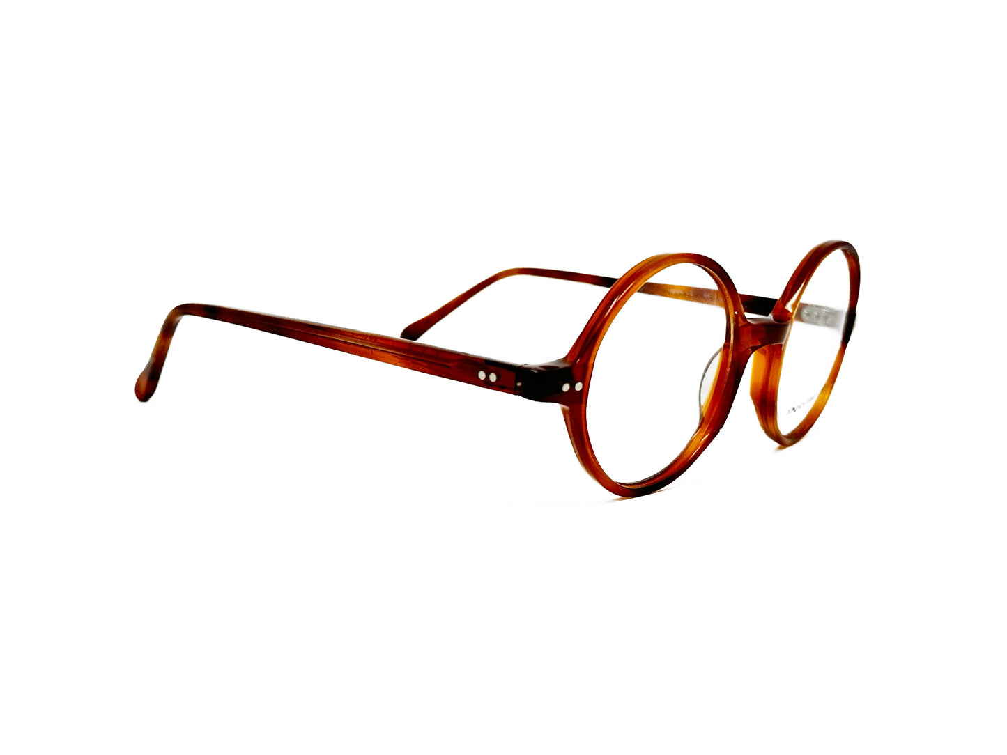 Anglo American Optical round acetate optical frame with angled corners below nose bridge. Model: Angled Round. Color: Tort - Brown tortoise. Side view.