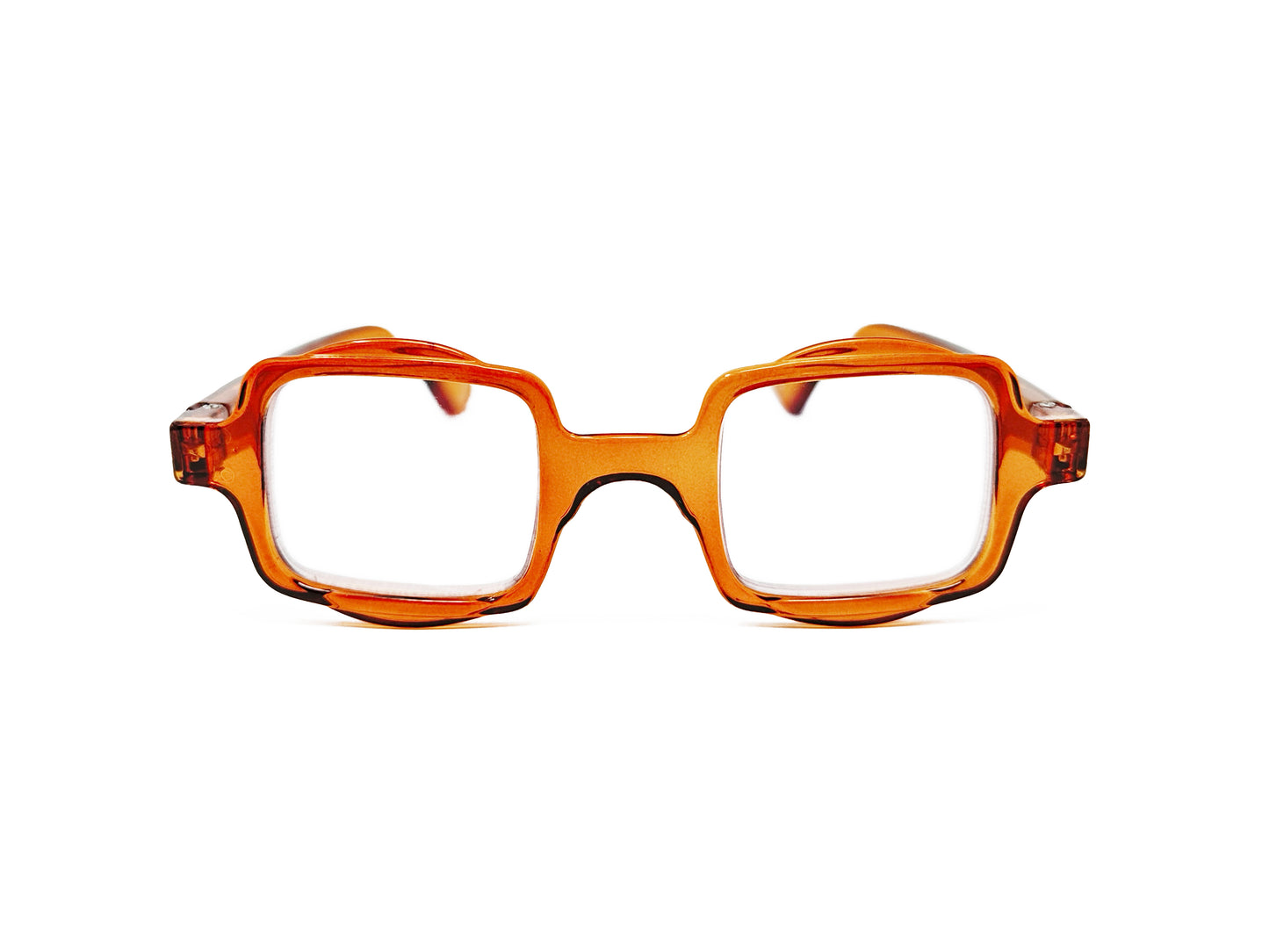Aptica square reading glass with half-circle shape on top and bottom . Model: Hive. Color: Sticky Honey - Honey orange, Semi-transparent. Front view.