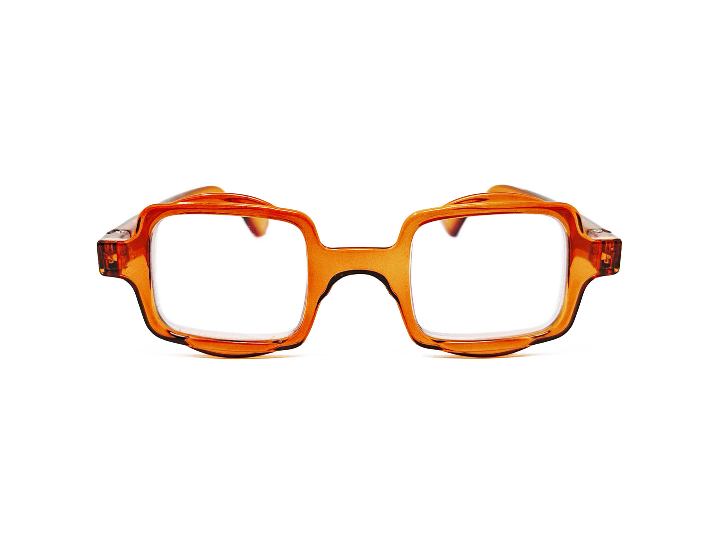 Aptica square reading glass with half-circle shape on top and bottom . Model: Hive. Color: Sticky Honey -  Honey orange, Semi-transparent. Front view.