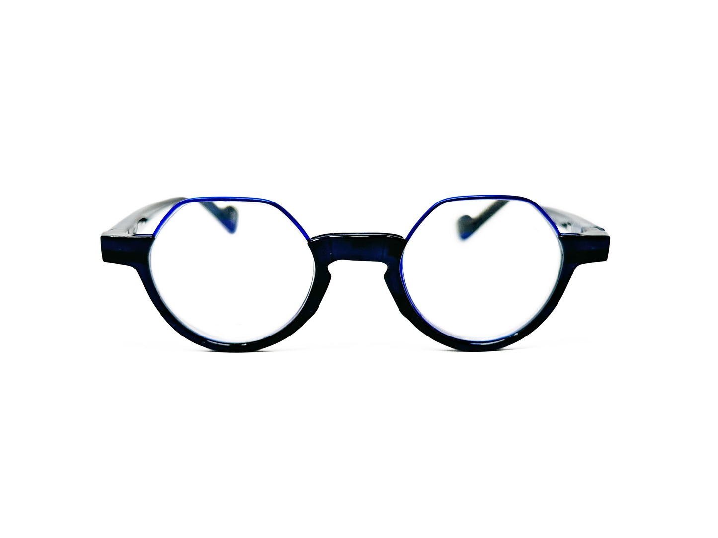 Aptica round acetate reader with flattop. Model: Rituals. Color: Blue Buffalo Horn - Black with blue trim on top. Front view. 