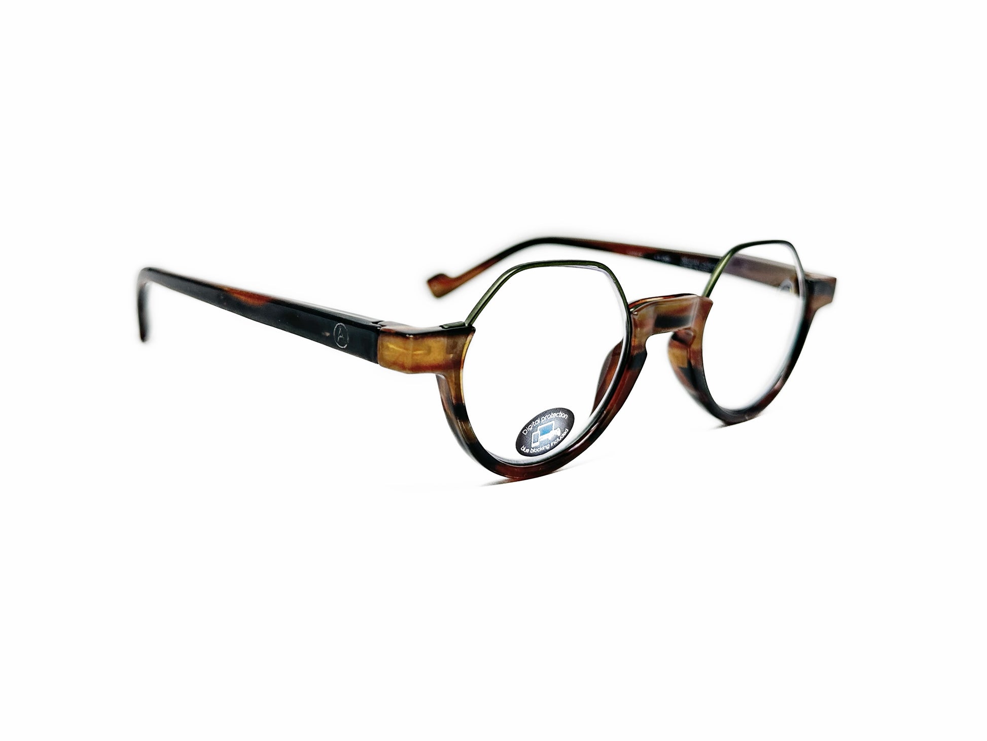 Aptica round acetate reader with flattop. Model: Rituals. Color: Brown buffalo horn with silver trim on top. Side view.