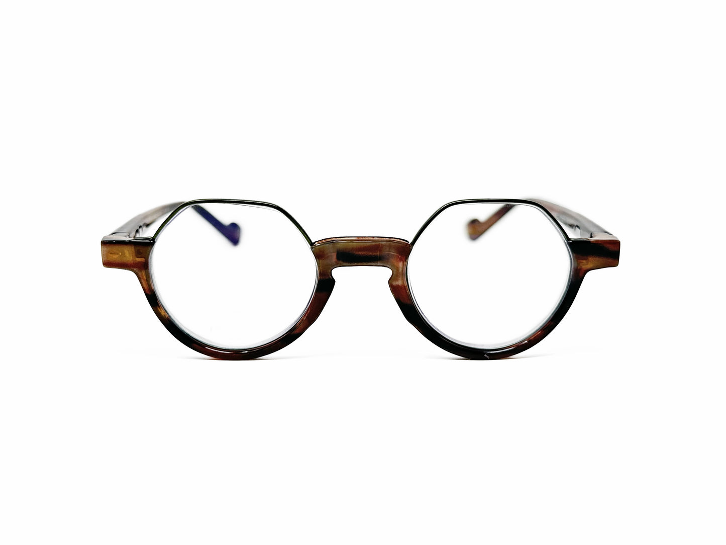 Aptica round acetate reader with flattop. Model: Rituals. Color: Brown buffalo horn with silver trim on top. Front view.