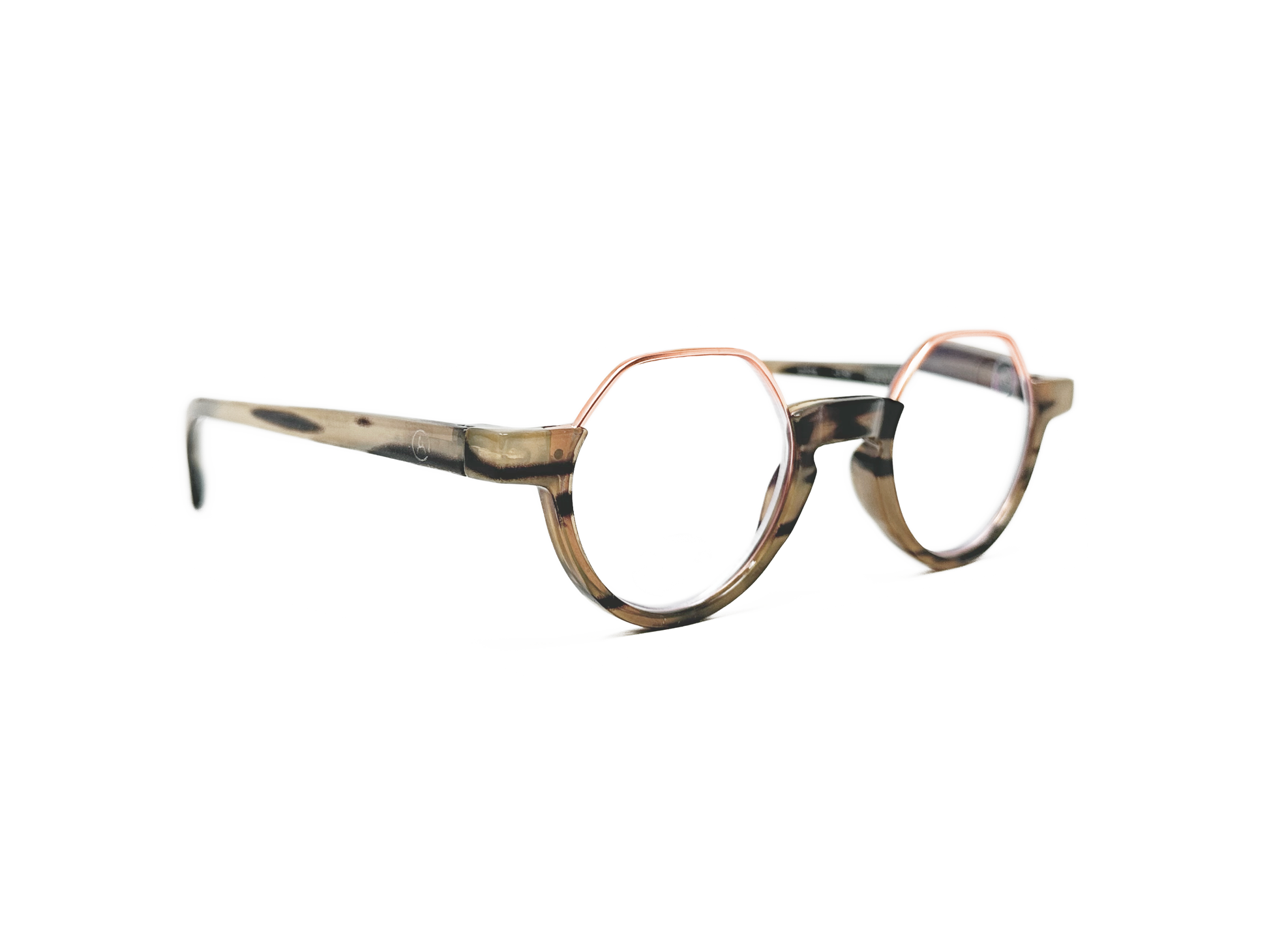Aptica round acetate reader with flattop. Model: Rituals. Color: Natural Buffalo Horn - Beige buffalo horn with rose gold trim on top. Side view.