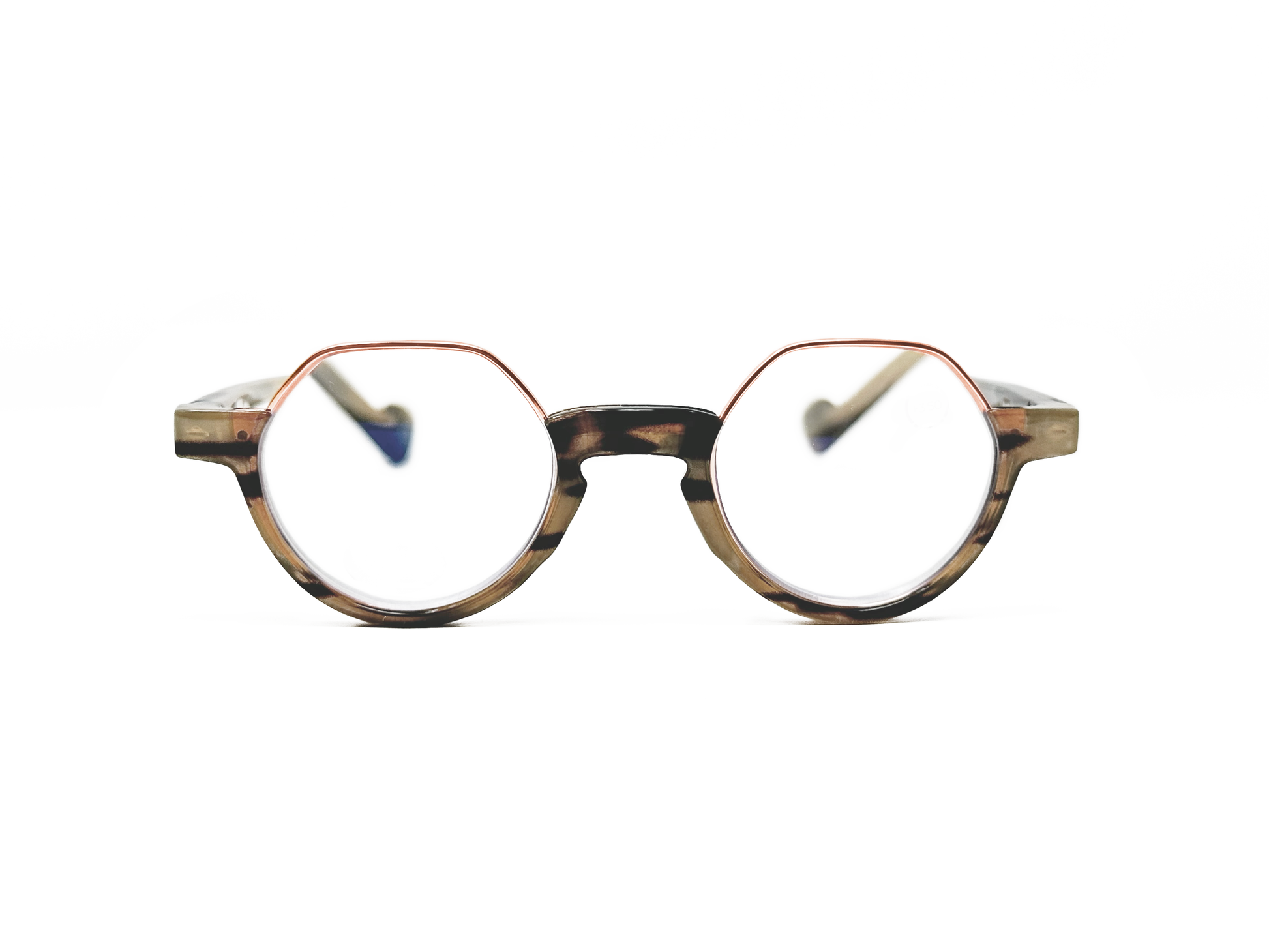Aptica round acetate reader with flattop. Model: Rituals. Color: Natural Buffalo Horn - Beige buffalo horn with rose gold trim on top. Front view.