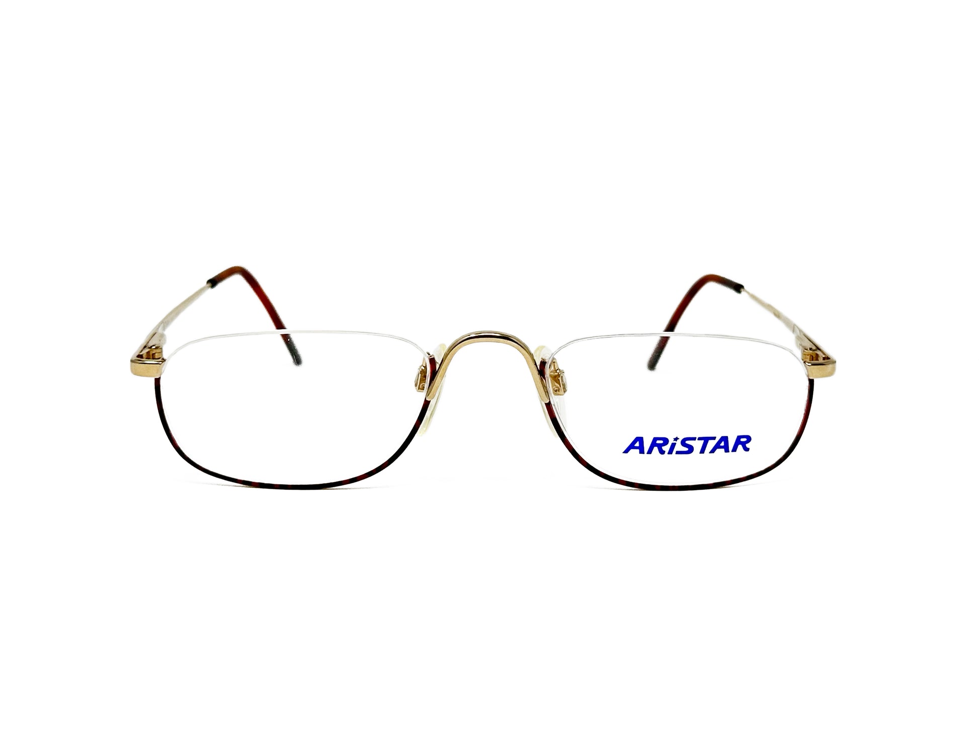 Aristar rounded-rectamgular, half-rim optical frame. Model: 6651. Color: 016 -Gold metal with black trim. Front view. 