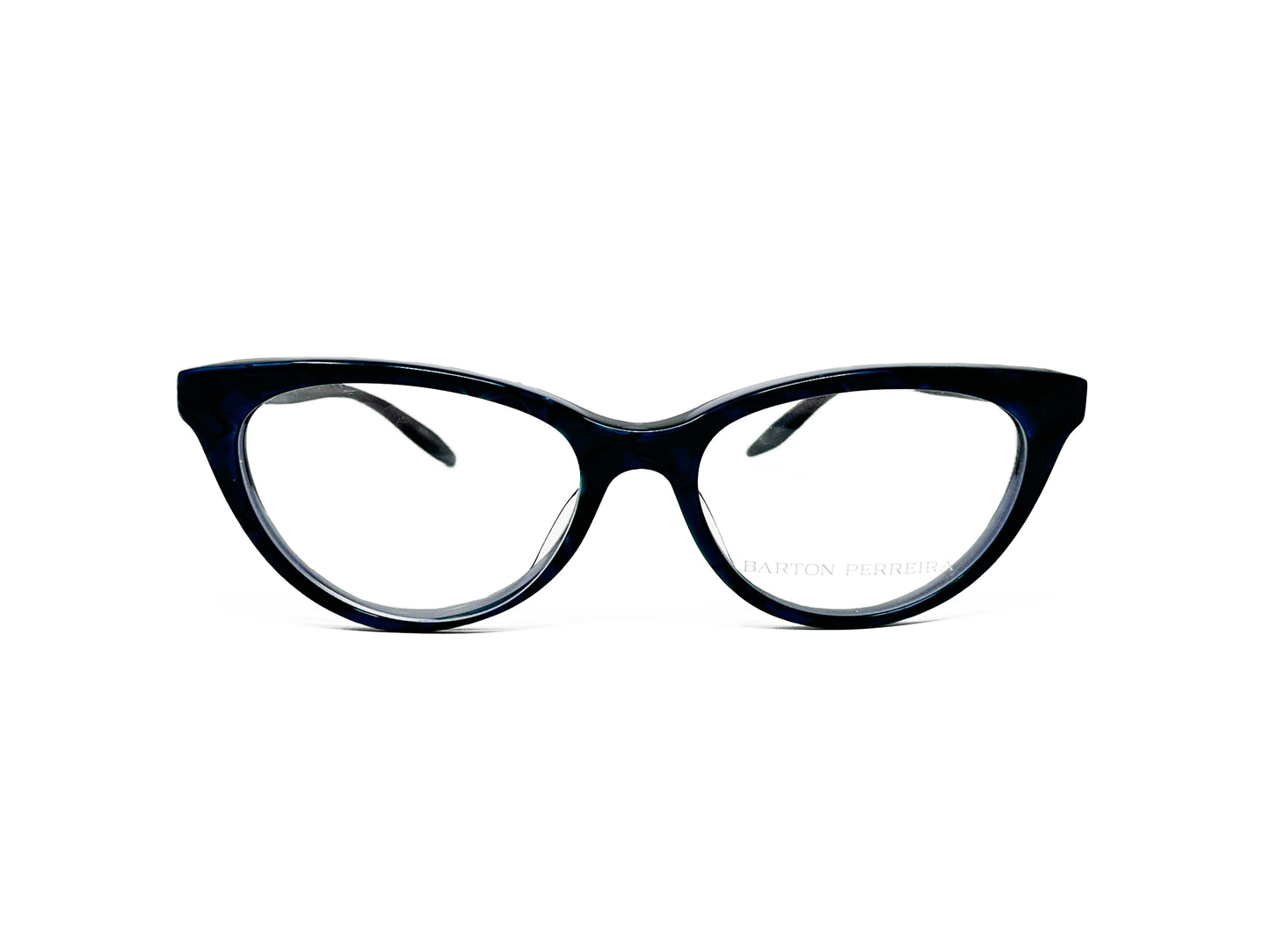 Barton Perreira rounded cat-eye optical frame. Model: Tippi. Color: BLV - Black with blue marbling on temples. Front view. 