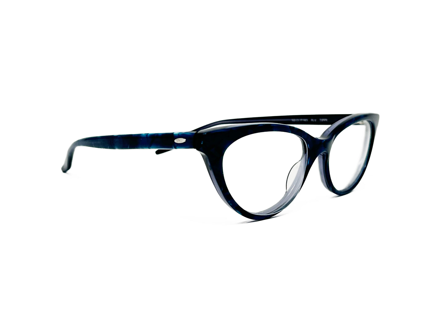 Barton Perreira rounded cat-eye optical frame. Model: Tippi. Color: BLV - Black with blue marbling on temples. Side view.