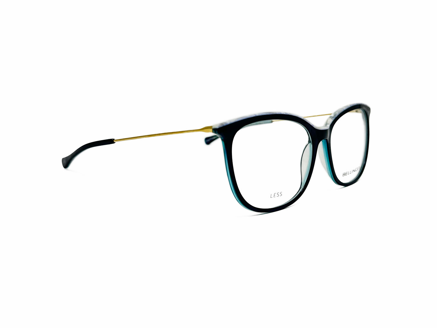 Bellinger rounded-square acetate optical frame. Model: Less1842. Color: 492 - Black with white marble trim on top and aqua blue lining on edges. Side view.
