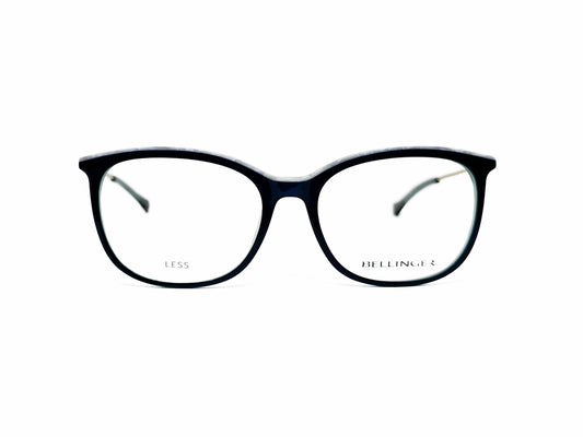 Bellinger rounded-square acetate optical frame. Model: Less1842. Color: 492 - Black with white marble trim on top. Front view. 