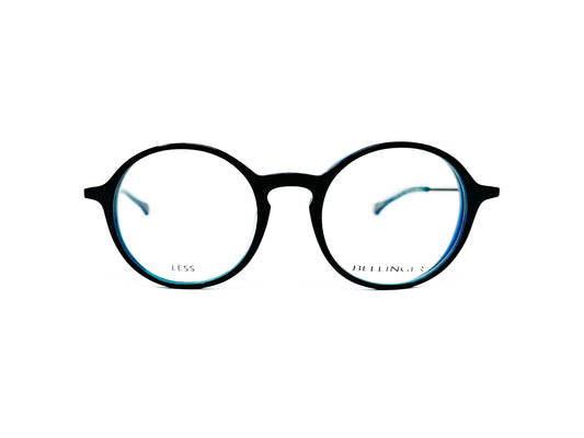 Bellinger round acetate optical frame with keyhole bridge. Model: Less 1881. Color: 442 - Black with blue accents. Front view. 