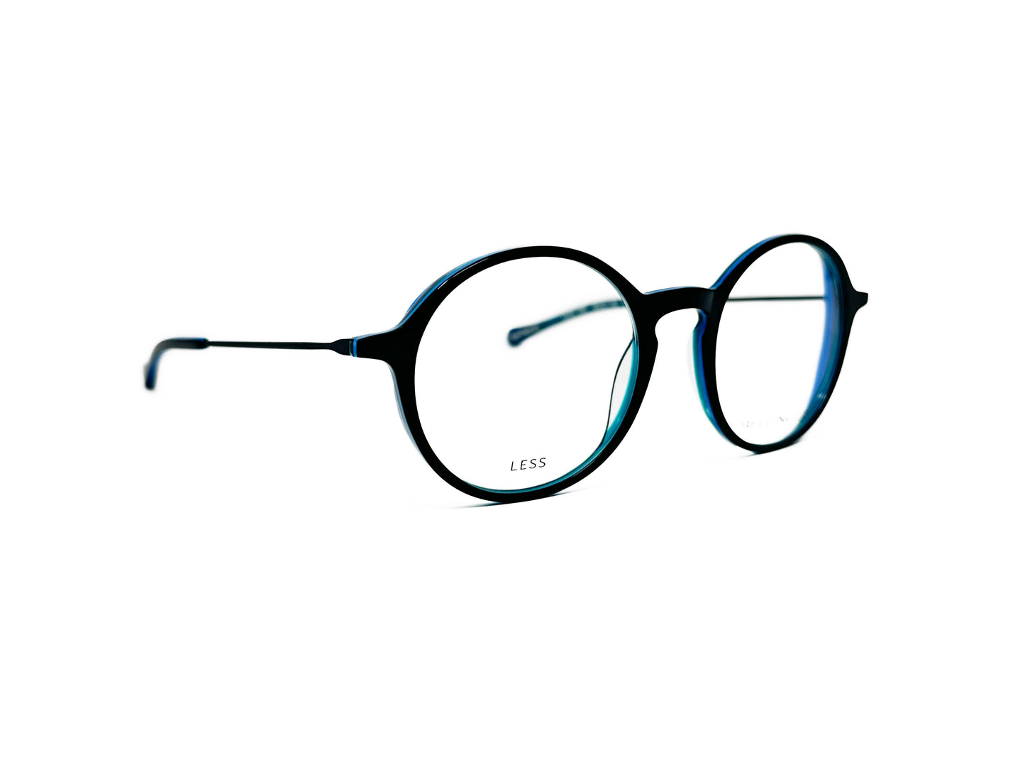 Bellinger round acetate optical frame with keyhole bridge. Model: Less 1881. Color: 442 - Black with blue accents. Side view.