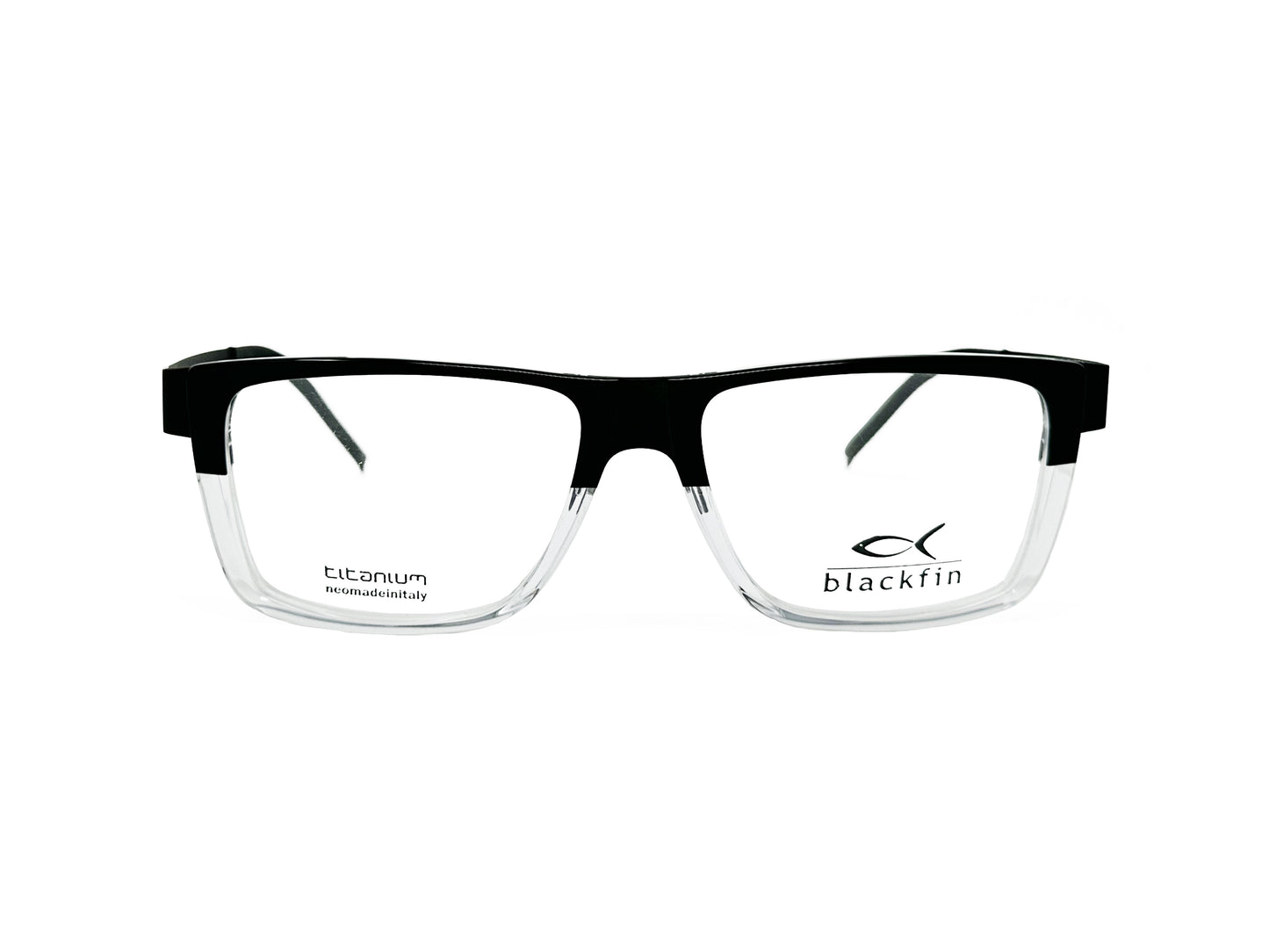Blackfin acetate optical frame. Model: Burray BF626. Color: 347 - Half black, half transparent. Front view.