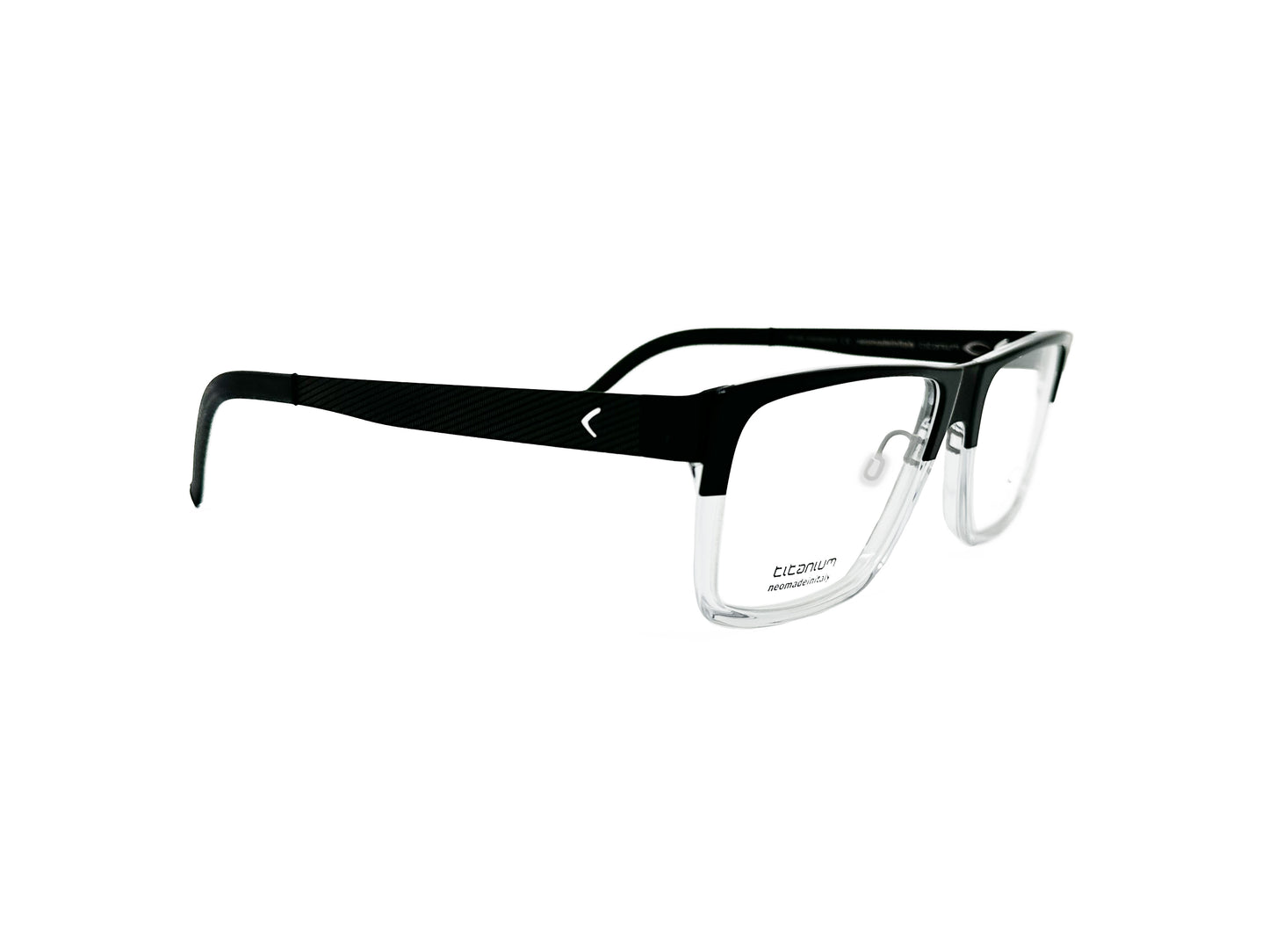 Blackfin acetate optical frame. Model: Burray BF626. Color: 347 - Half black, half transparent. Side view.