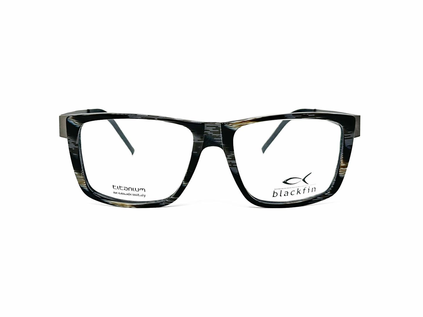 Blackfin acetate optical frame. Model: BF626 Burray. Color: 233 Grey and black with stripes. Front view.