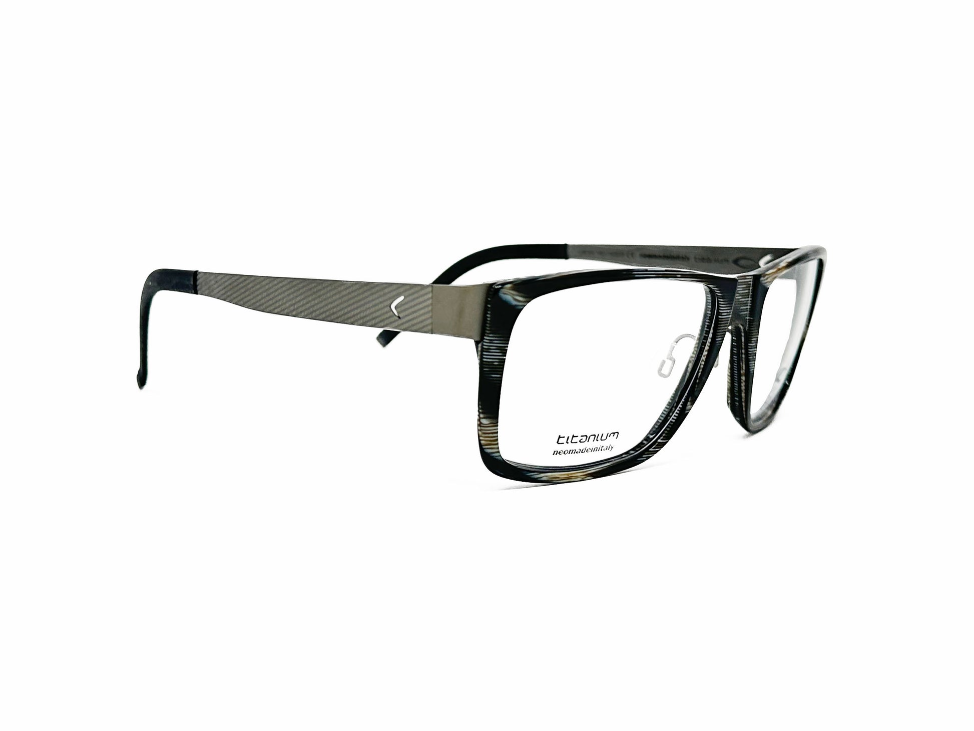 Blackfin acetate optical frame. Model: BF626 Burray. Color: 233 Grey and black with stripes. Side view.