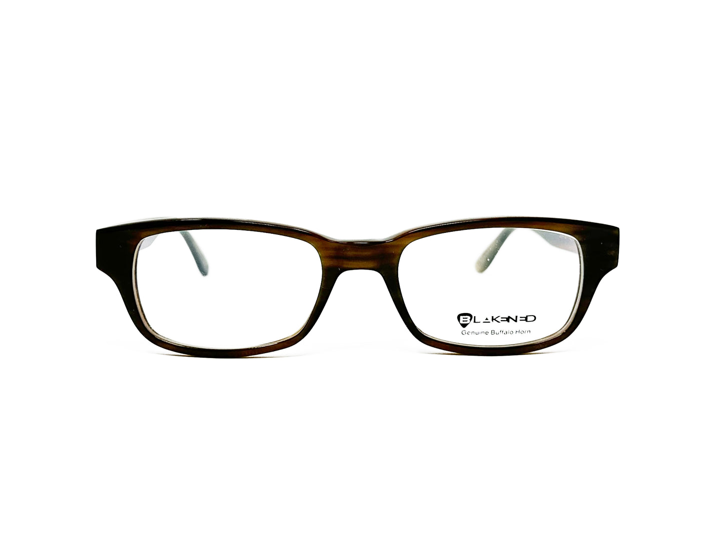 Blakened rectangular optical frame made from buffalo horn. Model: DBH-1000. Color: 01: Brown. Front view.