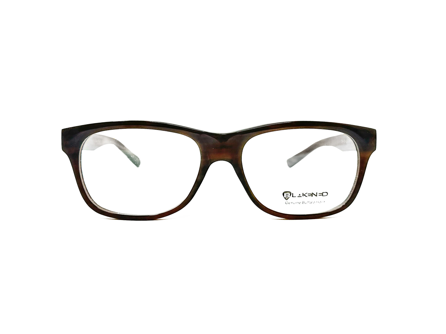 Blakened rectangular optical frame made from genuine buffalo horn. Model: DBH-1008. Color: 03- Brown. Front view.