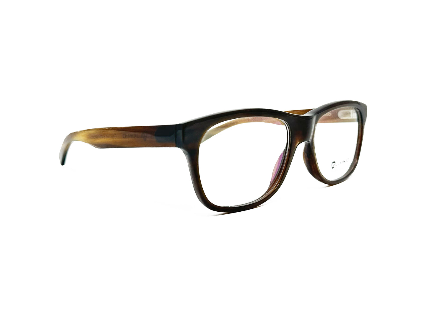 Blakened rectangular optical frame made from genuine buffalo horn. Model: DBH-1008. Color: 03- Brown. Side view.