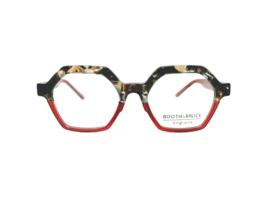 Booth & Bruce hexagon shaped acetate optical frame. Model: BB2208. Color: Madagascar - Semi-transparent marble pattern top half with orange-red bottom half. Front view. 