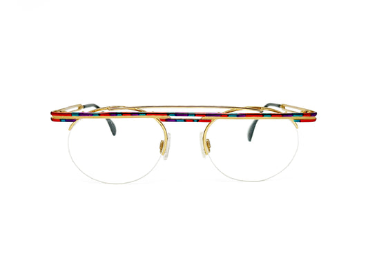 Cazal round optical frame with metal, rainbow colored bar across top. Model: 748. Color: 405 Gold metal with rainbow bar. Front view.