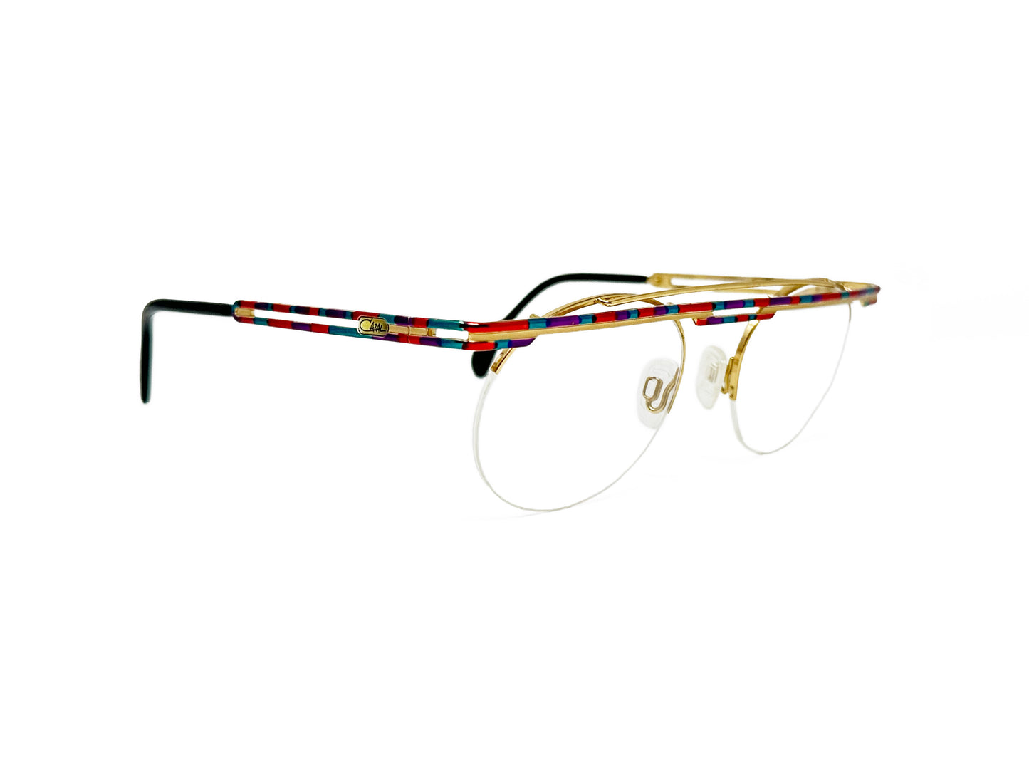 Cazal round optical frame with metal, rainbow colored bar across top. Model: 748. Color: 405 Gold metal with rainbow bar. Side view.