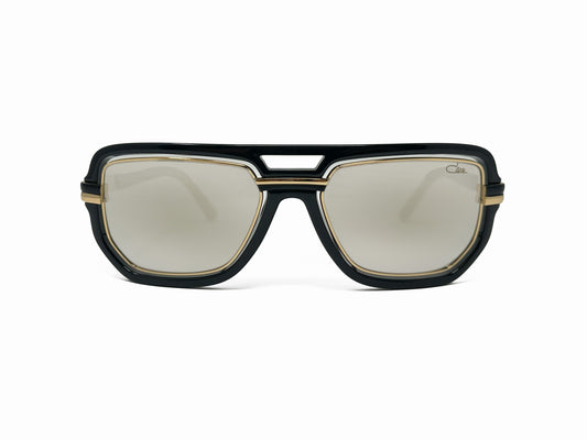 Cazal angled-rectangular, curved, acetate sunglass with metal lining. Model: 9064. Color: Black with gold metal. Front view. 
