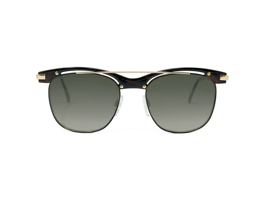 Cazal half-rim, clubmaster style sunglass with gold, curved, metal bar across top of frame and screw embellishments. Model: 9084. Color: 003 - Tortoise and gold metal. Front view. 