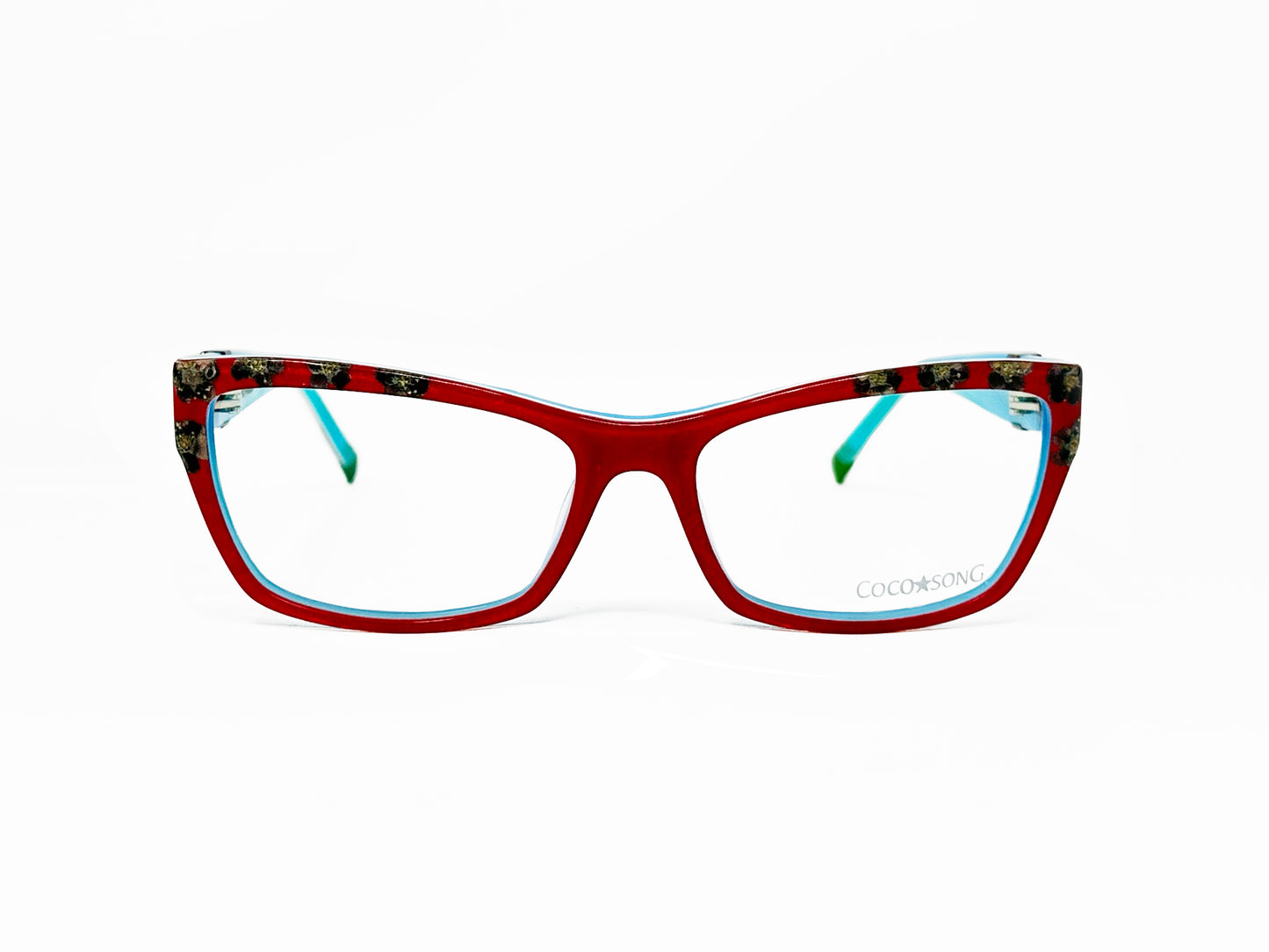 Coco Song upward-angled, rectangular, acetate optical frame. Model: For Last. Color: 4 - Red with gold/black flowers on corners and turquoise gem on temple. Front view.