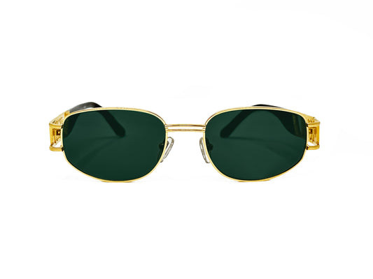 DKNY rounded, slightly angled, square, metal sunglasses with DKNY letters on side of temples. Model: Santa Monica. Color: 1001 - Gold with green lenses and gold/black temples. Front view.