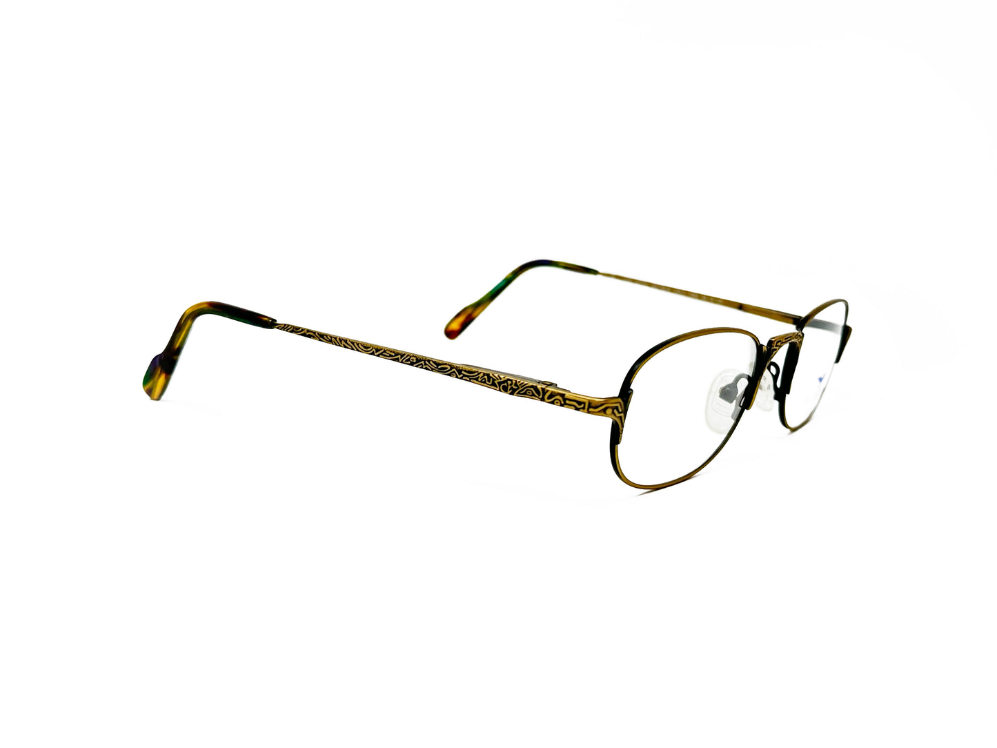 Dakota Smith rounded-rectangular, metal, optical frame. Model: 1433. Color: Aztec Antique Gold. Side view.