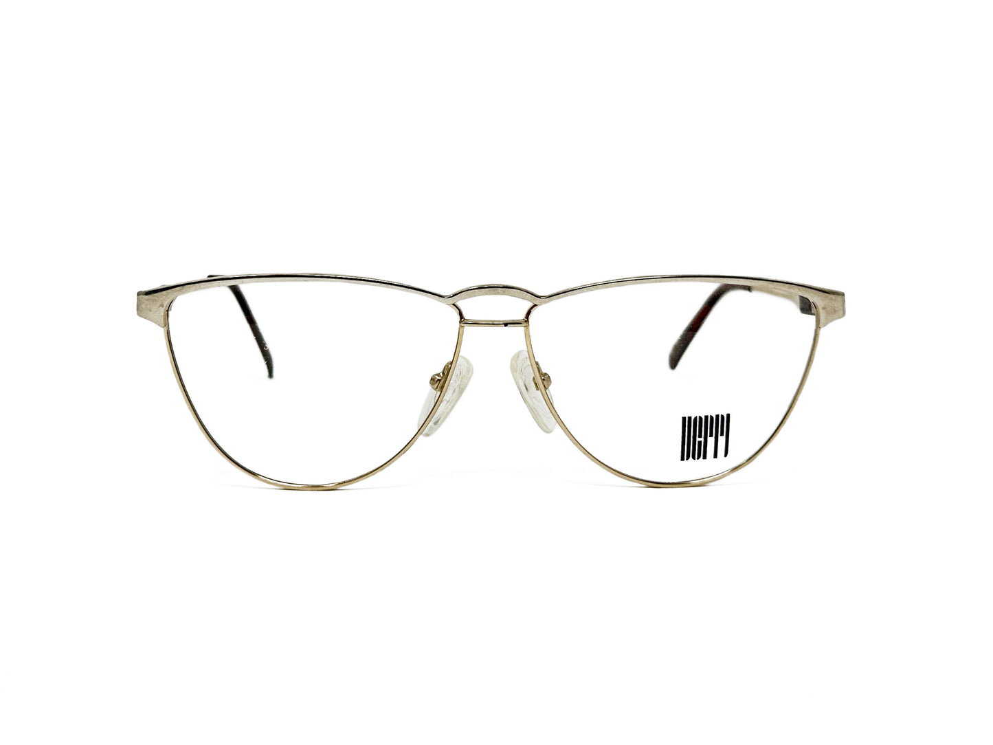 Derri rounded-triangular, metal, optical frame. Model: 9702. Color: G-W - White gold. Front view.
