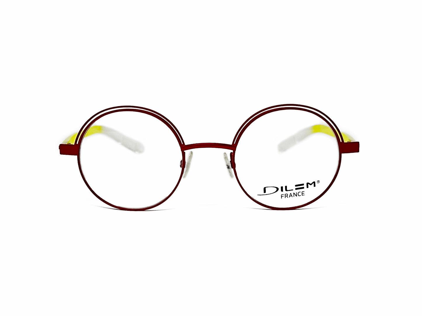 Dilem round, metal optical frame with metal slit at top of frame. Model: ZF340. Color: ZID31 - Red with yellow/white temples. Front view.