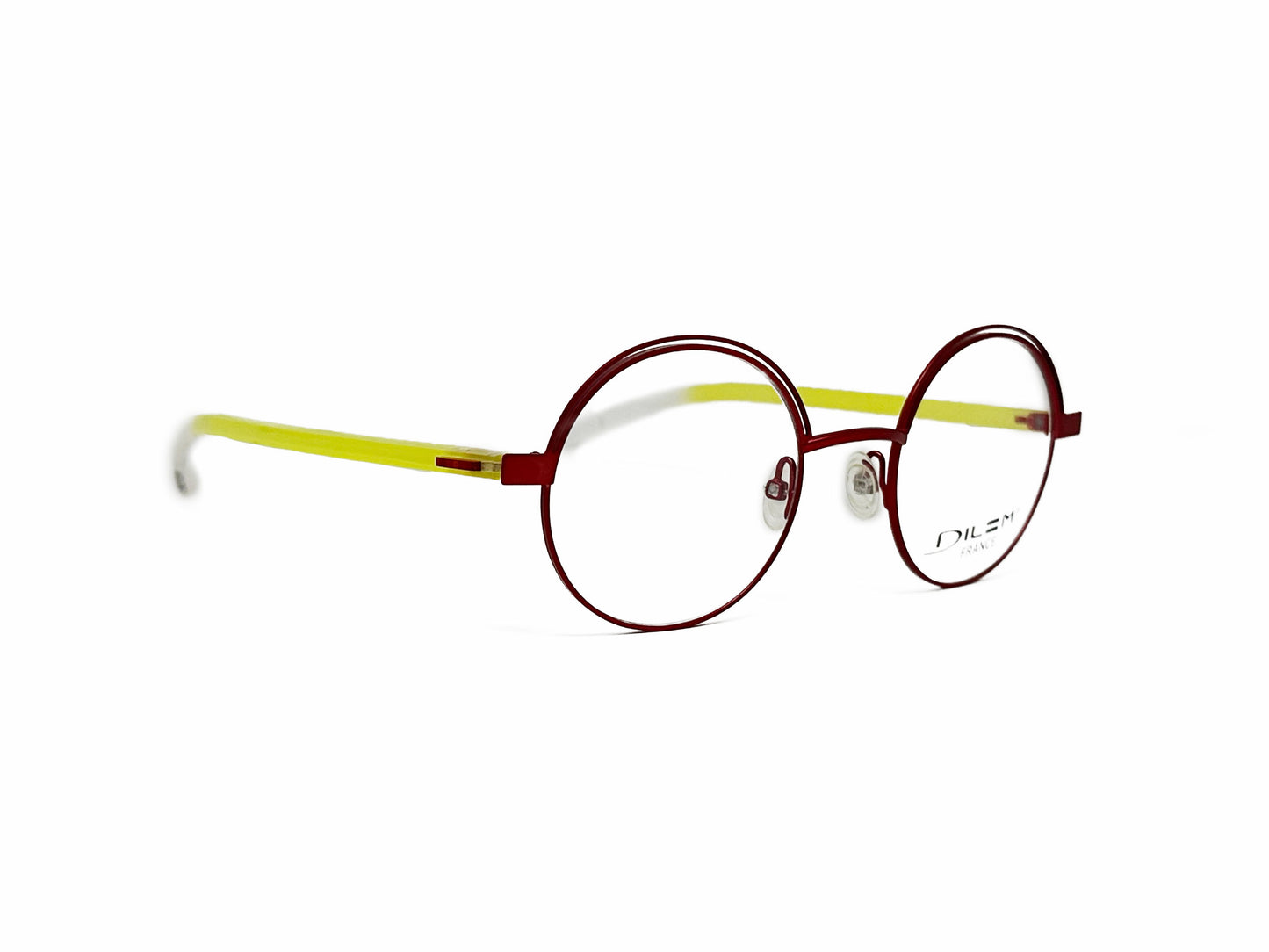 Dilem round, metal optical frame with metal slit at top of frame. Model: ZF340. Color: ZID31 - Red with yellow/white temples. Side view.
