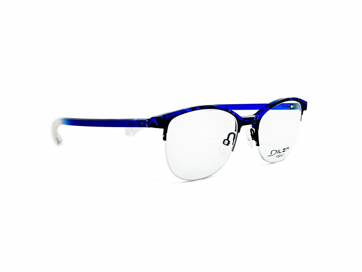 Dilem half-rim optical frame. Model: ZF382. Color: 2NE42 dark blue. Side view.