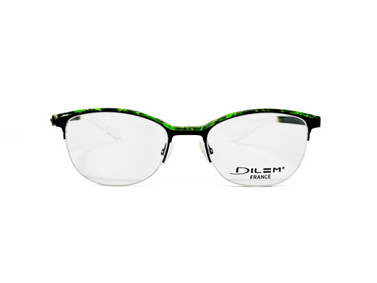 Dilem half-rim optical frame. Model: ZF383. Color: 2NE43 green. Front view.