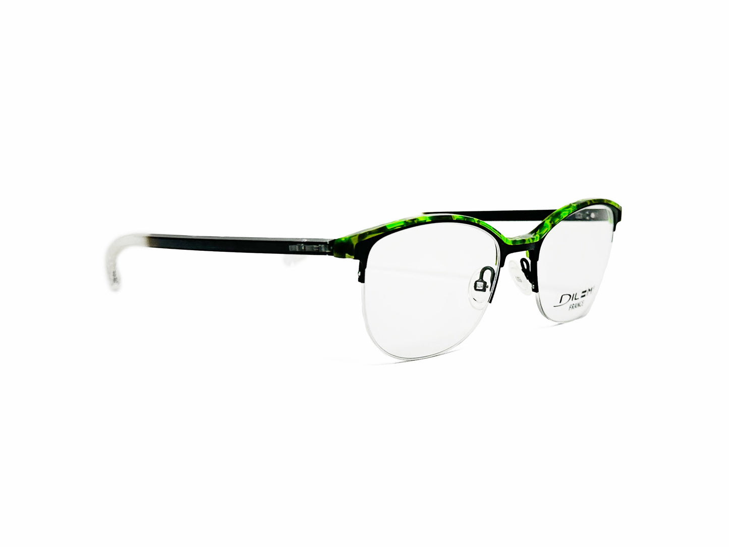Dilem half-rim optical frame. Model: ZF383. Color: 2NE43 green. Side view.