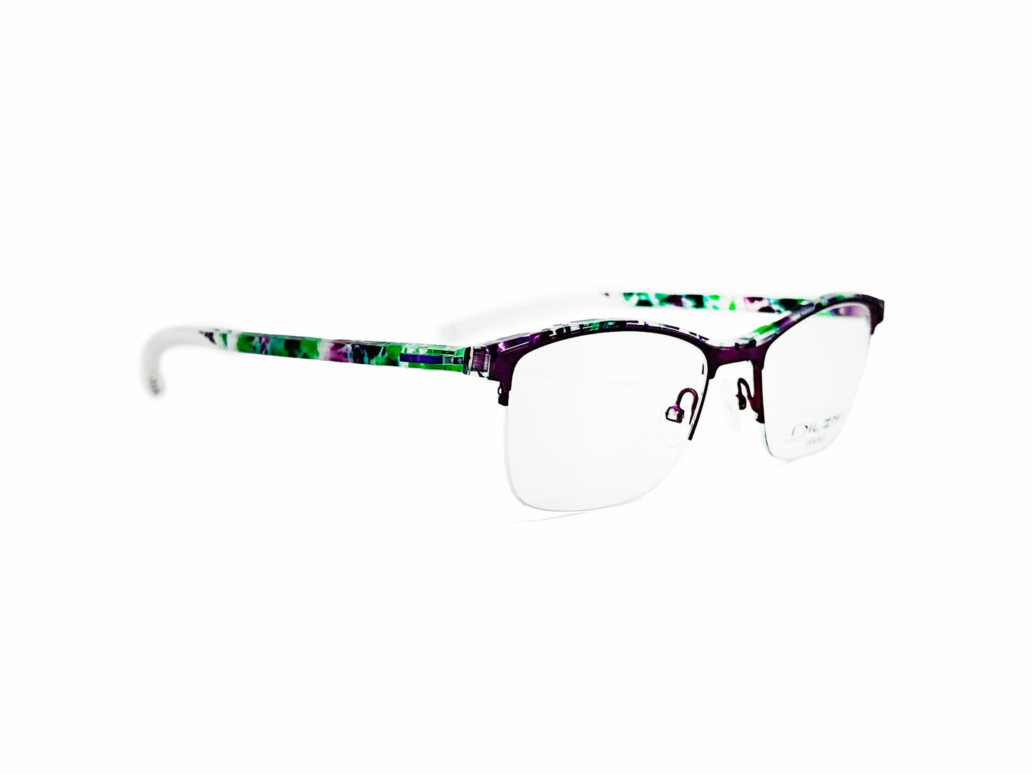Dilem half-rim optical frame. Model: ZF403. Color: 2ND33 purple with green and white accents. Side view.